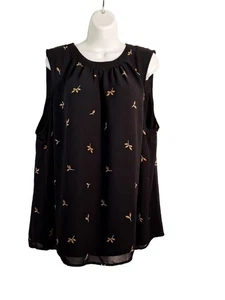 DR2 Black Yellow Leaf Print Sleeveless Plus Size 1X business casual blouse - Picture 1 of 5