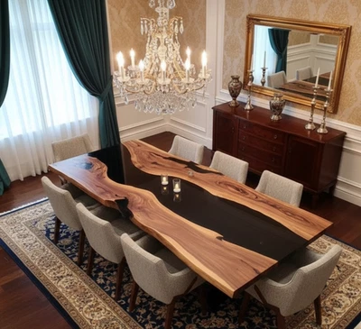 Mesa de comedor de lujo Live Edge de madera y río epoxi negro | Acacia hecha a mano EXCELENTE Foto 1 de 4