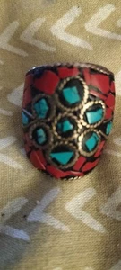 Antique/Vintage? Micro mosaic Brass Ring With Turquoise & Red Glass - Picture 1 of 12