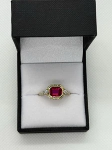 VTG Art Deco Ruby Emerald Cut Ring Womens Sz 7.5 10Kt Yellow Gold - Picture 1 of 7