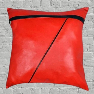 GENUINE Red Leather Cushion Pillow Cover Pure Lambskin Living Room & Bedroom - Image 1 of 2