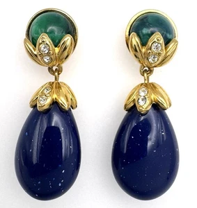 Vintage Gold Tone Blue Green Teardrop Earrings - Picture 1 of 5
