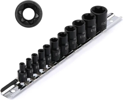 11PCS E-Torx Socket Set with Rail, CR-V, 1/4" and 3/8" Drive, Female External To - Image 1 of 4