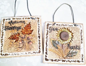 2 Sparkle Autumn Fall Wall Decor Heavy Wall Art Plaques Tiles 7"x7" - Picture 1 of 11