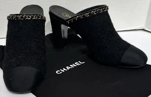 CHANEL Wool Leather Gold Chain Cap Toe Logo Ultra High Heel Mule Pumps Shoes Bag - Picture 1 of 8