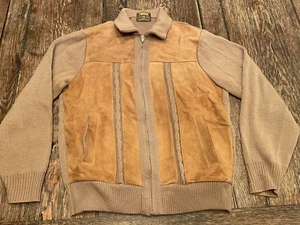 vintage TUNDRA Virgin Wool & Suede women's L cable knit zip up sweater Jacket - Picture 1 of 4