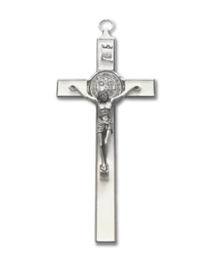 †ST. BENEDIKT MEDAILLE/KRUZIFIX: 7,5" weiß/silber Wandkreuz - katholisch sakramental  - Bild 1 von 3