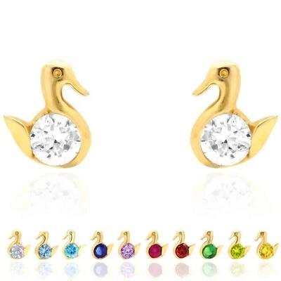 14K Yellow Gold Round Cut Simulated Birthstone Duck Baby Screwback Stud Earrings - Image 1 of 4