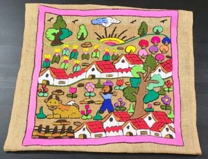 Vtg Mexican Embroidered Sun Rise Village Scene Burlap Folk Art Yarn "Painting"  - Picture 1 of 13