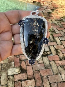 Peitersite And Diamond Sterling Silver Pendant With Blue Flowers - Picture 1 of 13