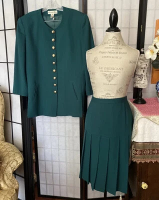 Falda + Traje Blazer De Colección Años 80 Christian Dior Mujer 16 Dk Grn Lana Peinada Hecho en EE. UU. Foto 1 de 4