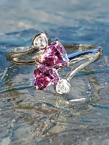 Amethyst Labcreated Heart Cut 2 Stones & Diam Ring 10kt Solid White Gold  - Picture 1 of 12
