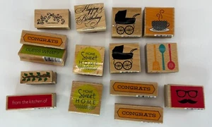 Menge 15 Holz montiert Gummistempel Mix Glückwunsch Baby Küche Happy Birthday - Bild 1 von 3