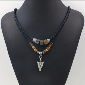 Men's Two Layer Pu Leather Beaded Vintage Tribal Spearhead Pendant Necklace  - Picture 1 of 4