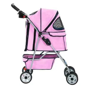 Pink 4 Wheel Folding Portable Pet Stroller Cat Dog Travel Carrier with Basket - Picture 1 of 17