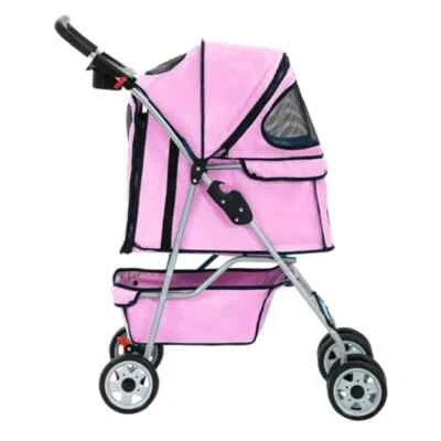 Pink 4 Wheel Folding Portable Pet Stroller Cat Dog Travel Carrier with Basket - Image 1 of 4