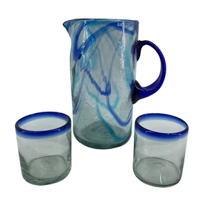 Vintage mundgeblasen Kobalt Wirbel Kunst Glas Karaffe Krug & Gläser Set schwer - Bild 1 von 11