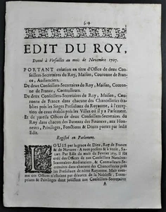 [Doit Ancien Régime] EDIT DU ROY Création de Conseillers-secrétaires du ROY 1707 - Imagen 1 de 1