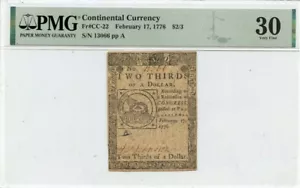 1776 February 17 $2/3 Continental Currency CC-22 PMG VF30 - Picture 1 of 2