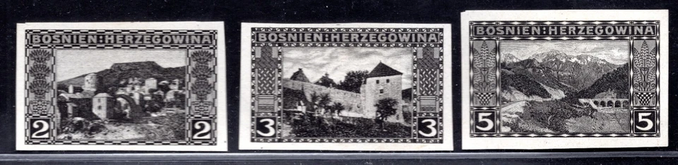BOSNIA & HERZEGOVINA 1906 THREE ENGRAVED IMPERF PROOFS IN BLACK - Image 1 of 2