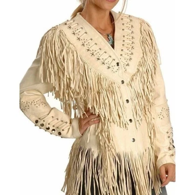 Women Western Style Real Leather Jacket Fringes & Bead Work - Cream Real Leather - Image 1 of 3