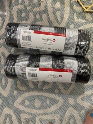 Lot 2 Poly Mesh Cotton Faux Jute Ribbon Buffalo Check Plaid Black White Rolls - Image 1 of 3