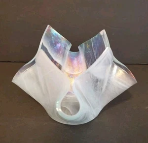 White Iridescent Slag Art Glass Swirl Folded Handkerchief Vase Bowl Pinched - Picture 1 of 12