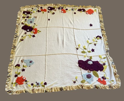 Anthropologie MOTH Floral Appliqué Wool Mohair Throw Blanket w/ Ruffle Trim Boho - Image 1 of 4