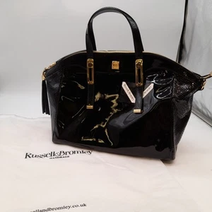 BNWT Stuart Weitzman Quinton Handbag Black Patent Gold RRP £425 (#H1/11) - Picture 1 of 10