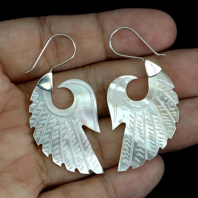 Brincos de prata esterlina 925 esculpidos em madrepérola 31x21mm joias de pedra preciosa - Imagem 1 de 4