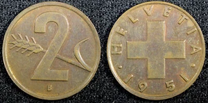 SVIZZERA BRONZO 1951 B 2 CENTESIMI KM#47 (23 398) - Foto 1 di 3