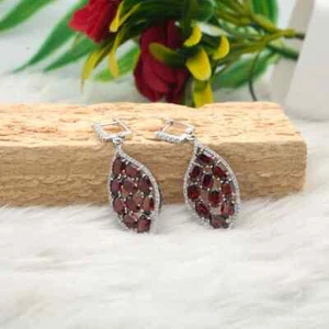 Red Garnet & White Topaz Gemstone Earring 925 Sterling Silver Designer Earring - Picture 1 of 7