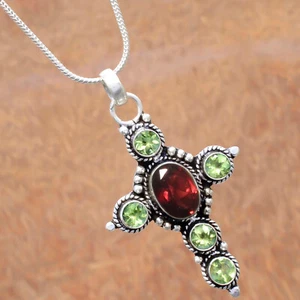 Faceted Garnet & Peridot Cut Gemstone 925 Sterling Silver Cross Man's Party Wear - Picture 1 of 9