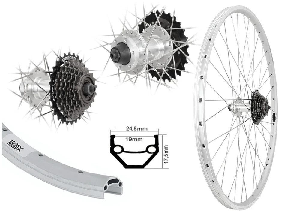 28 Zoll Hinterrad Laufrad Disk 6-Loch silber Hohlkammer 7-fach Shimano Zahnkranz - Bild 1 von 1