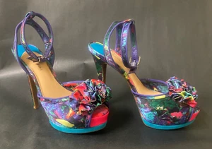 Gianni Bini 5" Stiletto Platform Ankle Strap Floral Pink Blue Green Sz 8.5 Prom - Picture 1 of 5
