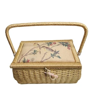 Vintage Bird Print Woven Sewing Basket Japan Large Mustard Yellow Lining - Picture 1 of 11