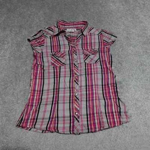 OP Button Up Shirt Girl's 14/16 Pink Plaid Pearl Snap Flap Pockets Cap Sleeve O - Picture 1 of 5