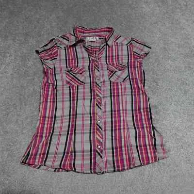 OP Button Up Shirt Girl's 14/16 Pink Plaid Pearl Snap Flap Pockets Cap Sleeve O - Image 1 of 4
