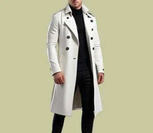 Gabardina de cuero para hombre genuina piel de cordero botón largo clásica blanca ropa de fiesta - Imagen 1 de 7