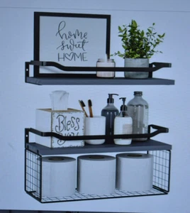 Wopitues Floating Shelves w Wire Storage Basket Bathroom Shelves Gray Assembly - Picture 1 of 6