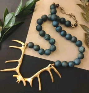 AWESOME! Artisan Gold Tone ANTLER Pendant Necklace w/Peacock Druzy Agate Beads! - Picture 1 of 11