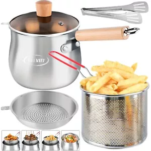 Deep Fryer Pot with Basket Wooden Handle Multifunctional 304 Stainless Steel ... - Picture 1 of 7