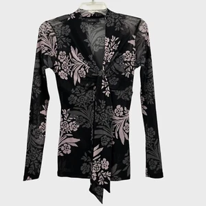 Karen Kane Top Women’s Medium Black Multi Floral Sheer Long Sleeve Blouse - Picture 1 of 8