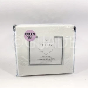 Turkish Queen Bed Sheet Set - 4 Piece100% Cotton Flannel, Soft White New - Picture 1 of 5
