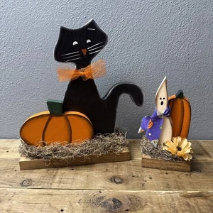 Rustikale Holz schwarze Katze & Geist mit Kürbissen Halloween Deko Set 10” und 7” hoch - Bild 1 von 10