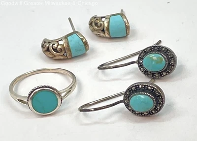 Anillo y pendientes de plata de ley 925 teñidos de howlita y marcasita, 9,7 g Foto 1 de 4