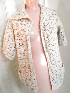 Vintage Sweater Afghan Crochet Ivory S M Pockets 1/2 Sleeves VGC - Picture 1 of 6