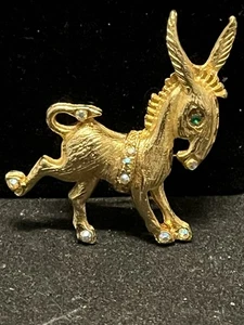 Vintage Esel Brosche goldfarben Strass Anstecknadel grünes Auge Mid Century - Bild 1 von 4