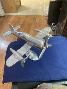 Avión de aluminio estilo Art Deco de mediados de siglo modelo 3 hélice de escritorio - Imagen 1 de 10