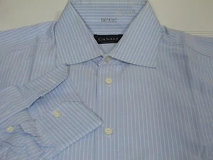 Canali Dress Shirt 16 x 34 Blue  White Stripes 100% Cotton - Picture 1 of 2
